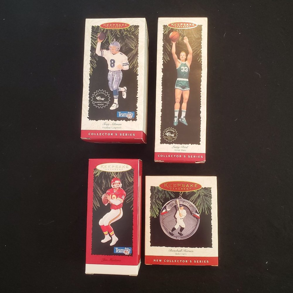 Hallmark 4 Ornaments Sports Legends, Heroes, Stars Ruth, Montana, Aikman, Bird